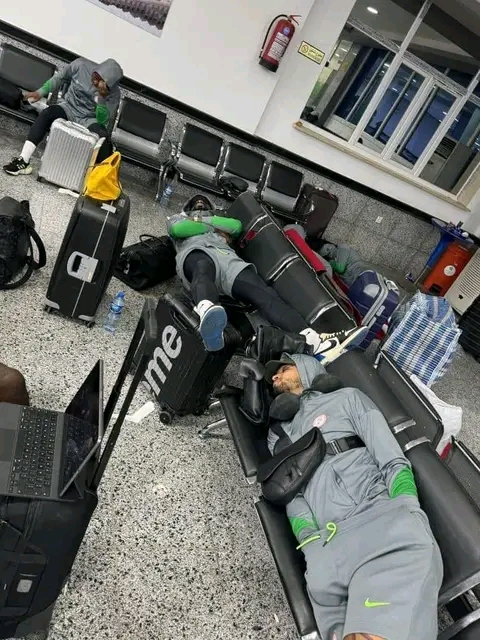 Photos of Members of Nigeria's Football Men's National Team Stranded In Libya Mediaage NG Heartbreaking photos of Nigeria's Super Eagles players stranded at the Libyan Airport. They are due to complete the double header against the Libyan Mediterranean Knights. Nigeria won the first of it 1:0 at the Godswill Akpabio Stadium, Uyo.