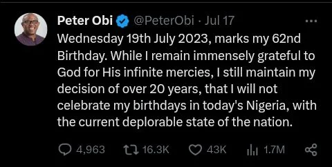 Obi Faults 'Deplorable State' of Nigeria Mediaage NG Abuja - July 18 (Mediaage NG) - The Presidential candidate of Labour Party (LP) at last February's general election, Peter Obi has thrown a dig at the Nigerian state which he described as "deplorable".